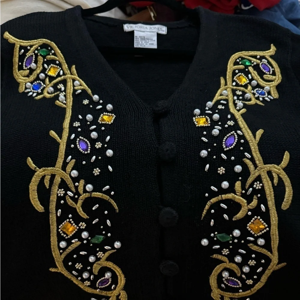 80’s Victoria Jones Embroidered Beaded Embellished Black Gold Cardigan Fran Fine - Picture 12 of 14